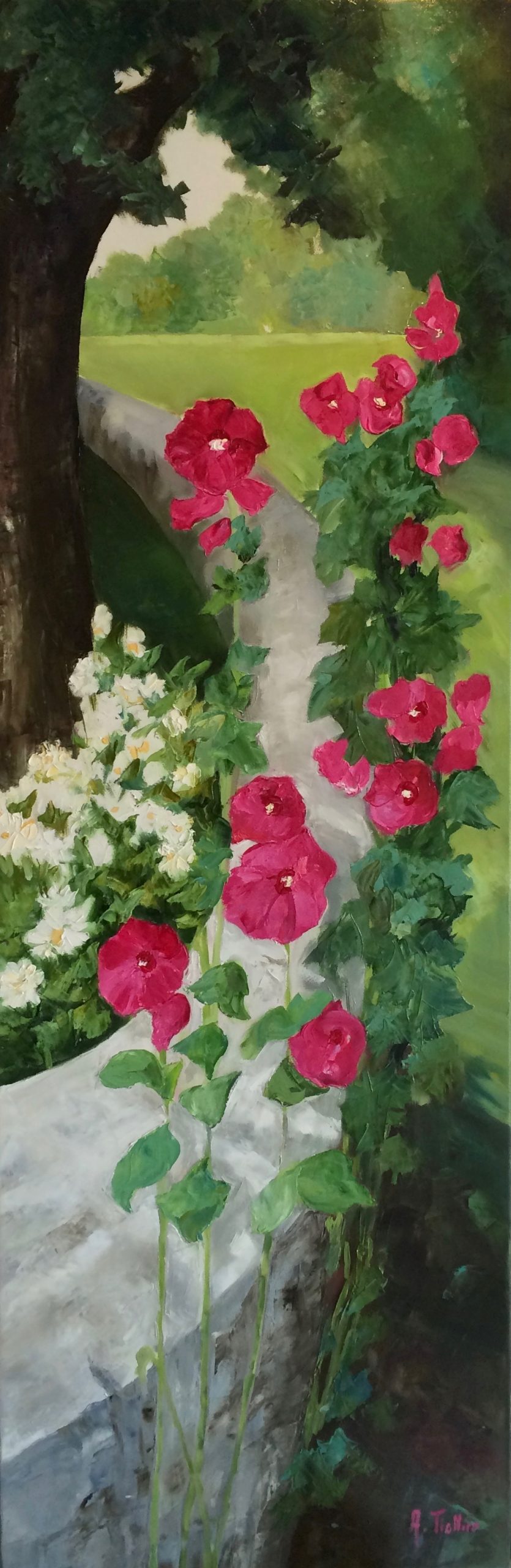 Roses trémières, huile-120x40cm
